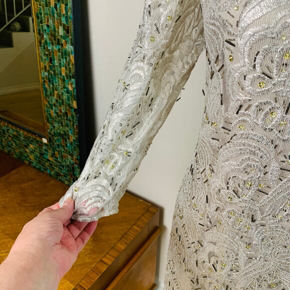 Kay Unger Size 14 Women's Long Sleeve Floral Lace Sequin Sheath Dress Formal - Picture 9 of 14
